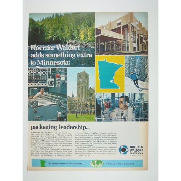 Vintage 1968 Hoerner Waldorf Ad Print Saint Paul Minnesota Map Skiing - Picture 1 of 2